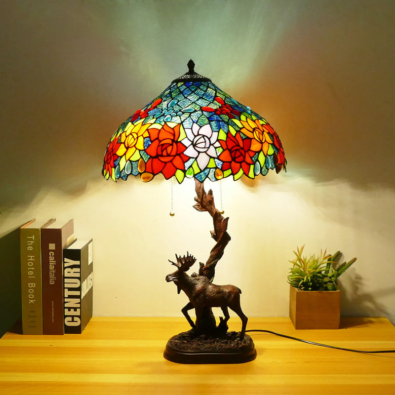 Traditional Tiffany Deer Resin Glass 1-Light Table Lamp For Study