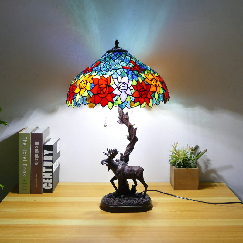 Traditional Tiffany Deer Resin Glass 1-Light Table Lamp For Study