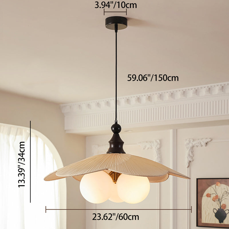 Traditional Vintage Bean Metal Ash Wood Glass Fabric 3-Light Chandelier For Dining Room