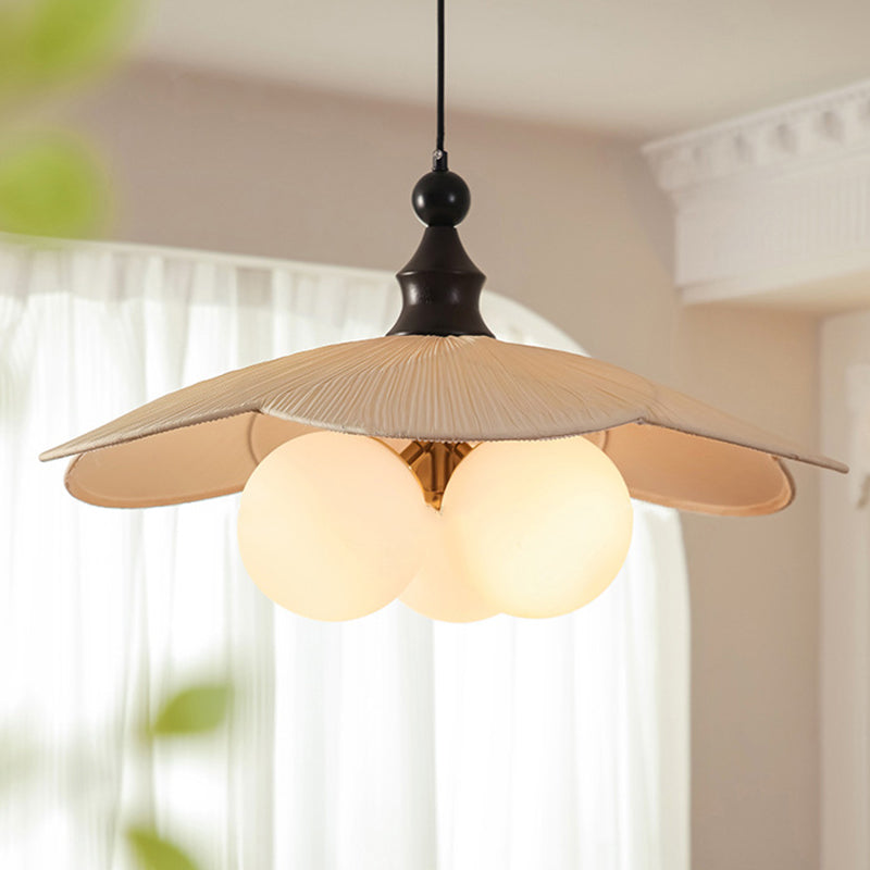 Traditional Vintage Bean Metal Ash Wood Glass Fabric 3-Light Chandelier For Dining Room