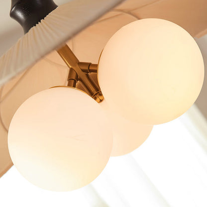 Traditional Vintage Bean Metal Ash Wood Glass Fabric 3-Light Chandelier For Dining Room