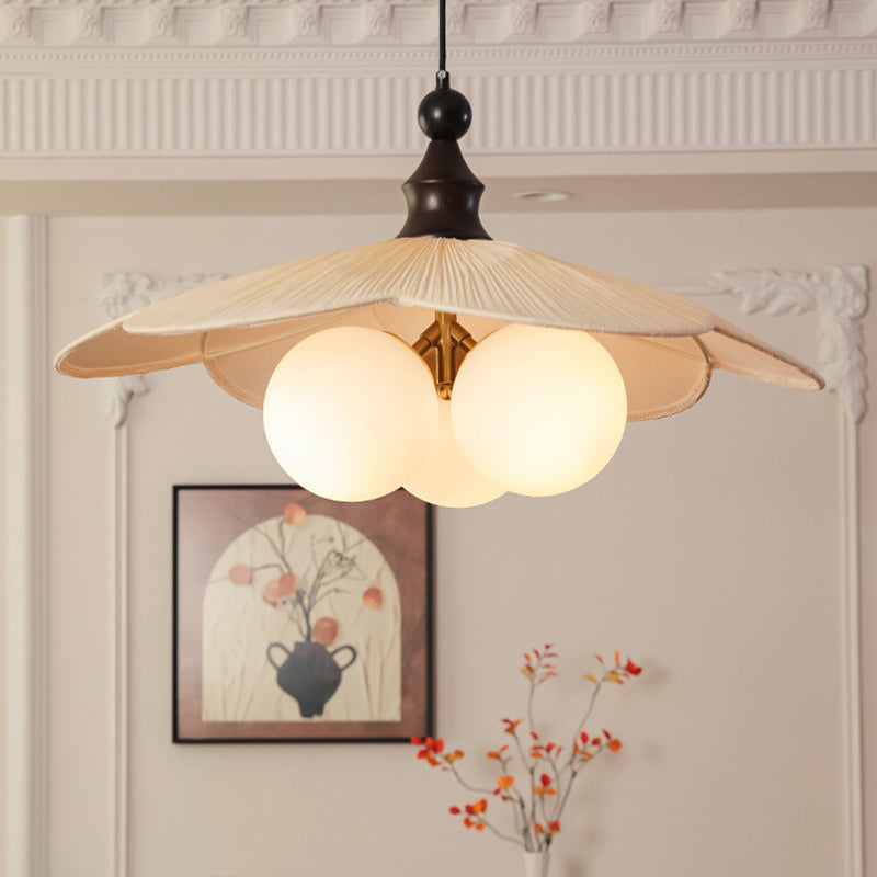 Traditional Vintage Bean Metal Ash Wood Glass Fabric 3-Light Chandelier For Dining Room