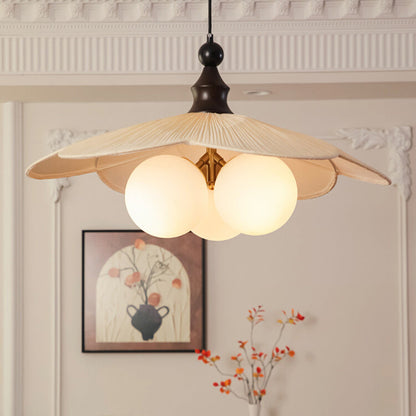 Traditional Vintage Bean Metal Ash Wood Glass Fabric 3-Light Chandelier For Dining Room