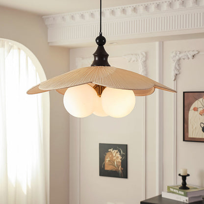 Traditional Vintage Bean Metal Ash Wood Glass Fabric 3-Light Chandelier For Dining Room