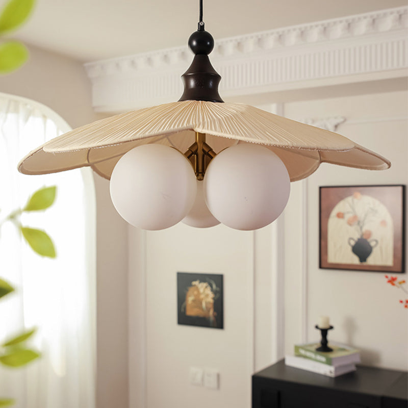 Traditional Vintage Bean Metal Ash Wood Glass Fabric 3-Light Chandelier For Dining Room