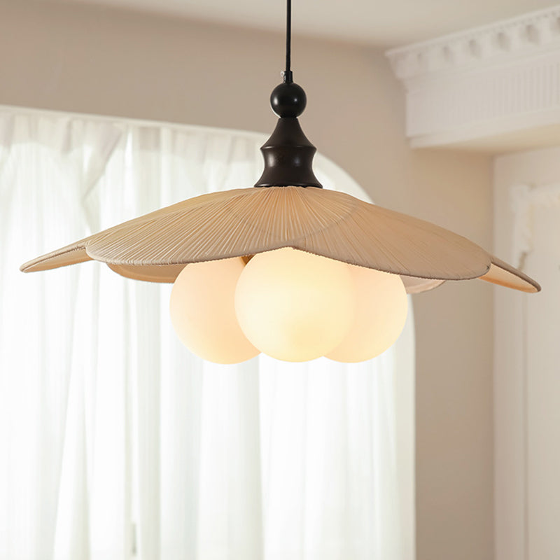 Traditional Vintage Bean Metal Ash Wood Glass Fabric 3-Light Chandelier For Dining Room