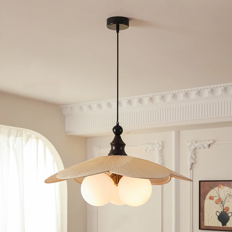 Traditional Vintage Bean Metal Ash Wood Glass Fabric 3-Light Chandelier For Dining Room