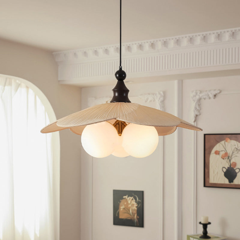 Traditional Vintage Bean Metal Ash Wood Glass Fabric 3-Light Chandelier For Dining Room