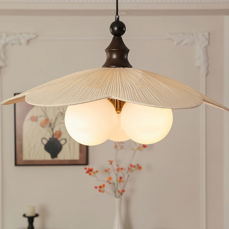 Traditional Vintage Bean Metal Ash Wood Glass Fabric 3-Light Chandelier For Dining Room