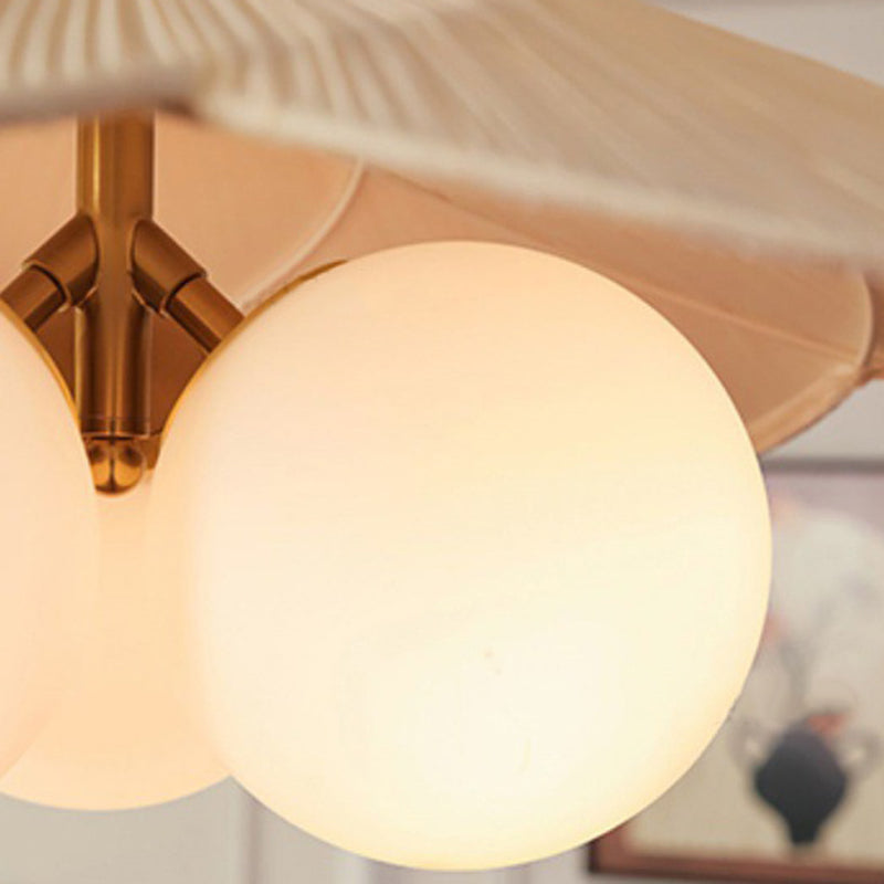 Traditional Vintage Bean Metal Ash Wood Glass Fabric 3-Light Chandelier For Dining Room