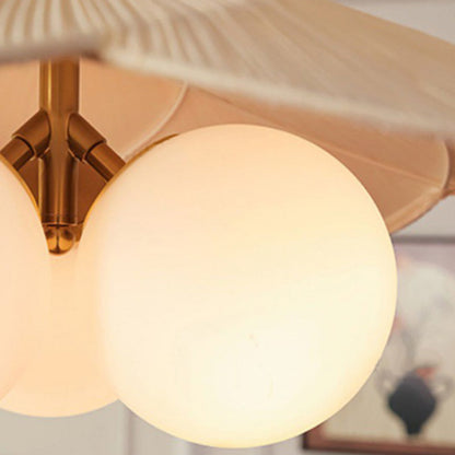 Traditional Vintage Bean Metal Ash Wood Glass Fabric 3-Light Chandelier For Dining Room