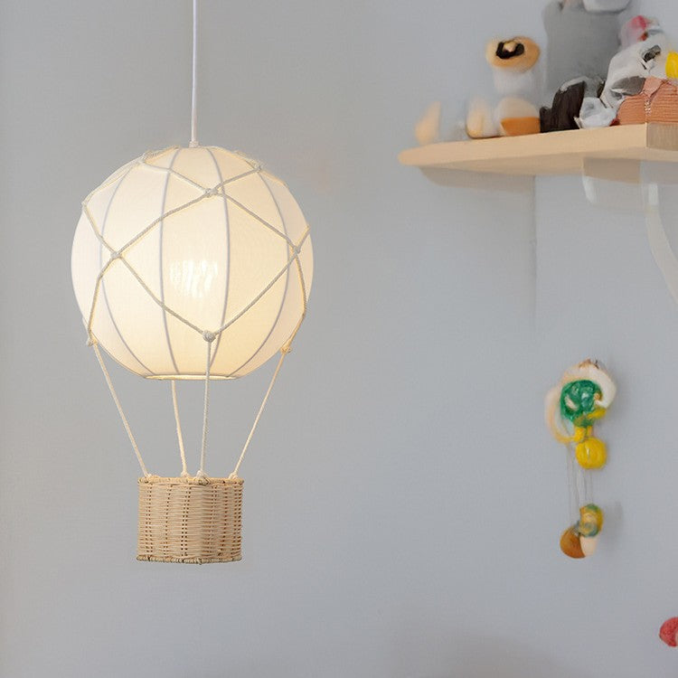 Modern Minimalist Kids Hot Air Balloon Fabric Iron Rattan Weaving 1-Light Pendant Light for Bedroom