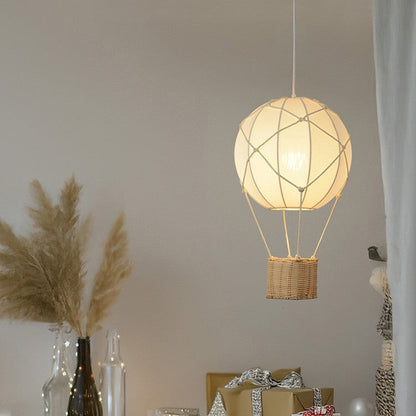 Modern Minimalist Kids Hot Air Balloon Fabric Iron Rattan Weaving 1-Light Pendant Light for Bedroom