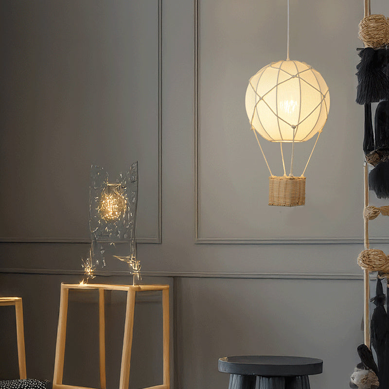 Modern Minimalist Kids Hot Air Balloon Fabric Iron Rattan Weaving 1-Light Pendant Light for Bedroom