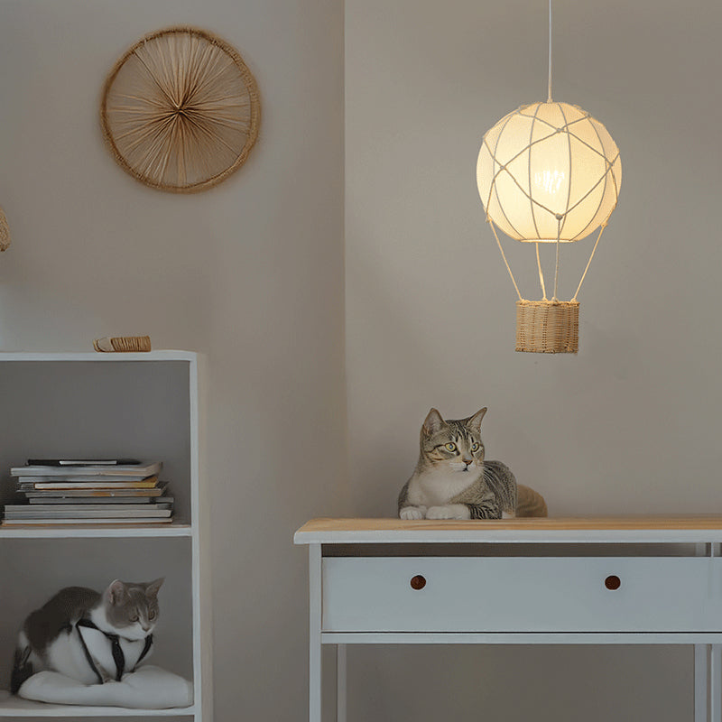 Modern Minimalist Kids Hot Air Balloon Fabric Iron Rattan Weaving 1-Light Pendant Light for Bedroom