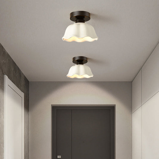 Contemporary Nordic Flower Iron Glass Ceramic 1-Light Semi-Flush Mount Ceiling Light For Entryway