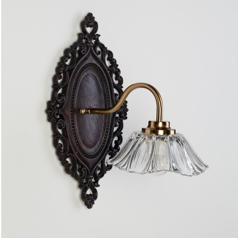 Traditional Vintage Flower Solid Wood Glass 1-Light Wall Sconce Lamp For Bedroom