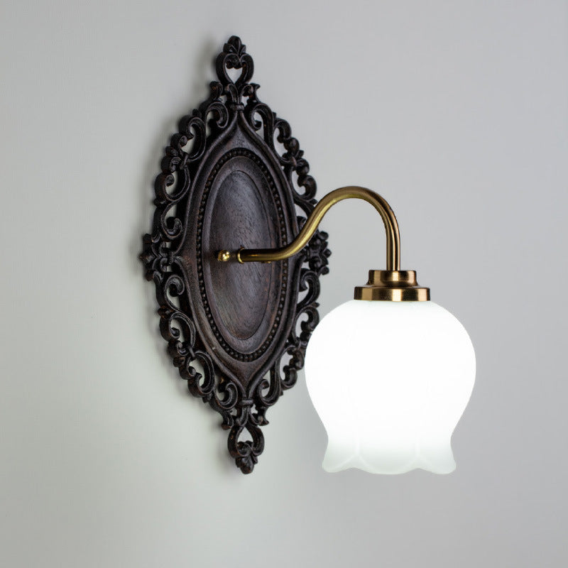 Traditional Vintage Flower Solid Wood Glass 1-Light Wall Sconce Lamp For Bedroom