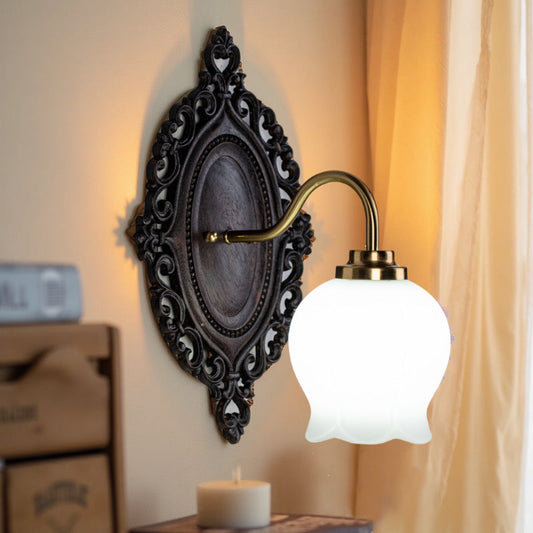 Traditional Vintage Flower Solid Wood Glass 1-Light Wall Sconce Lamp For Bedroom
