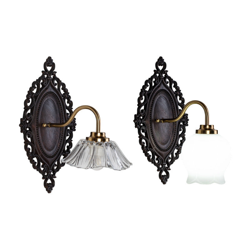 Traditional Vintage Flower Solid Wood Glass 1-Light Wall Sconce Lamp For Bedroom