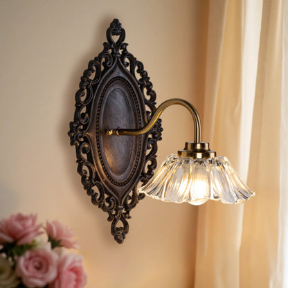 Traditional Vintage Flower Solid Wood Glass 1-Light Wall Sconce Lamp For Bedroom