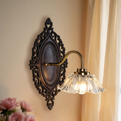 Traditional Vintage Flower Solid Wood Glass 1-Light Wall Sconce Lamp For Bedroom