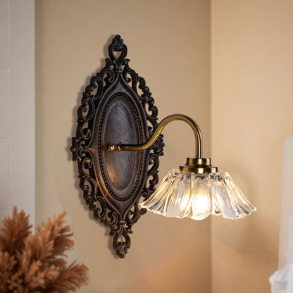 Traditional Vintage Flower Solid Wood Glass 1-Light Wall Sconce Lamp For Bedroom