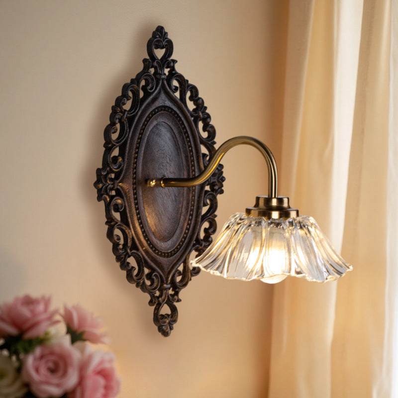 Traditional Vintage Flower Solid Wood Glass 1-Light Wall Sconce Lamp For Bedroom