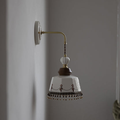 Contemporary Nordic Bowl Tassel Brass Solid Wood Iron Ceramic 1-Light Wall Sconce Lamp For Bedroom