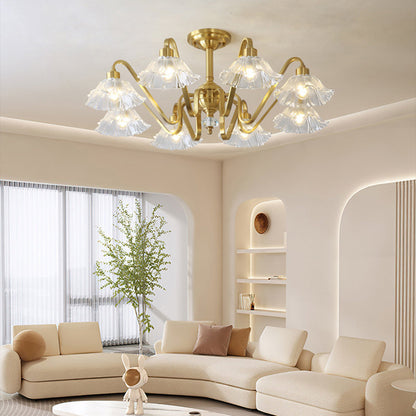 Contemporary Luxury Flower Brass Crystal Glass 3/5/6/8/10/15-Light Chandelier For Living Room