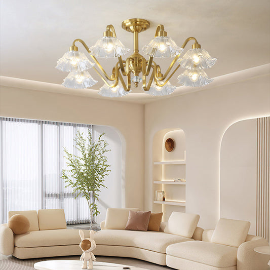 Contemporary Luxury Flower Brass Crystal Glass 3/5/6/8/10/15-Light Chandelier For Living Room