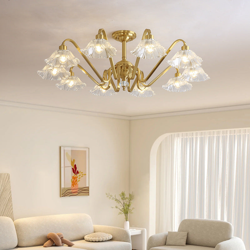 Contemporary Luxury Flower Brass Crystal Glass 3/5/6/8/10/15-Light Chandelier For Living Room