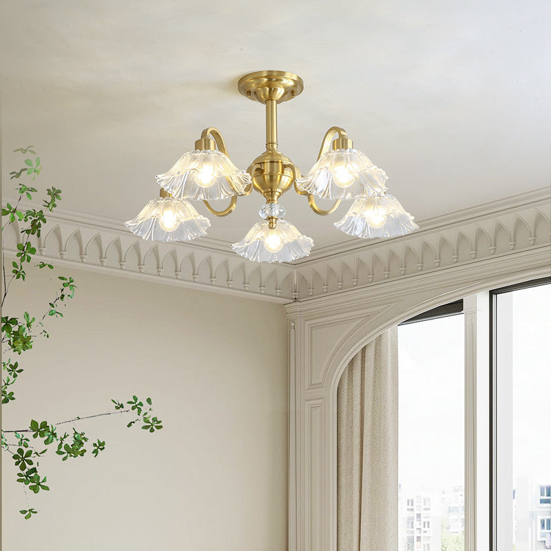 Contemporary Luxury Flower Brass Crystal Glass 3/5/6/8/10/15-Light Chandelier For Living Room