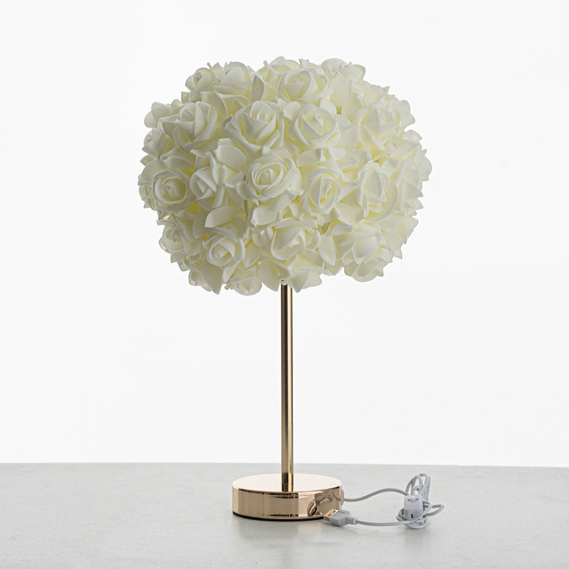 Contemporary Creative Romantic Rose Foam Iron 1-Light USB Table Lamp For Bedroom