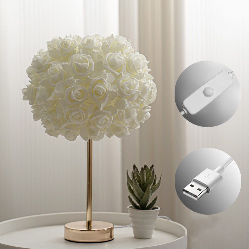 Contemporary Creative Romantic Rose Foam Iron 1-Light USB Table Lamp For Bedroom
