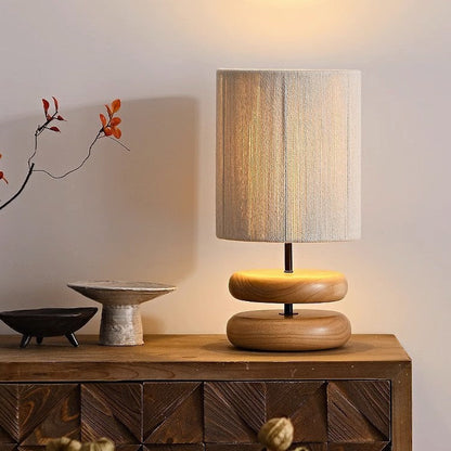 Traditional Japanese Cylindrical Iron Wood Fabric 1-Light Table Lamp For Bedroom