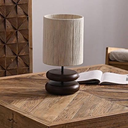 Traditional Japanese Cylindrical Iron Wood Fabric 1-Light Table Lamp For Bedroom