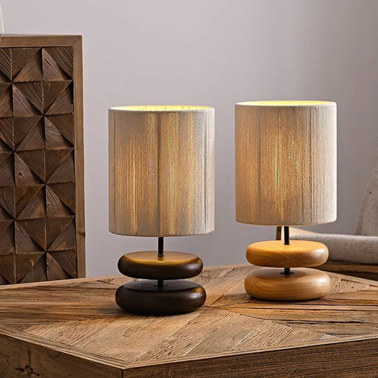Traditional Japanese Cylindrical Iron Wood Fabric 1-Light Table Lamp For Bedroom