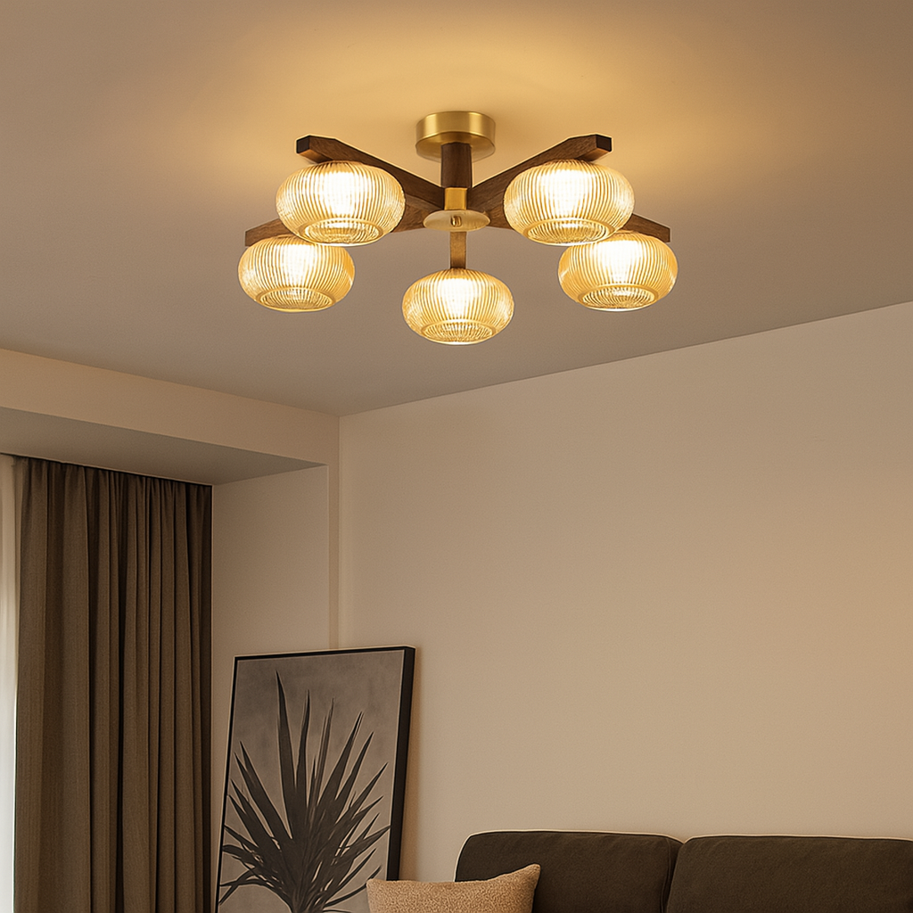 Traditional Vintage Bowl Walnut Wood Copper Glass LED Semi-Flush Mount Light For Living Room