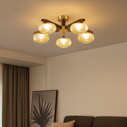 Traditional Vintage Bowl Walnut Wood Copper Glass LED Semi-Flush Mount Light For Living Room