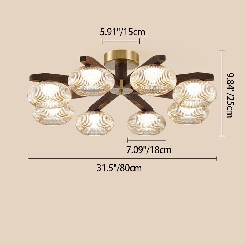 Traditional Vintage Bowl Walnut Wood Copper Glass LED Semi-Flush Mount Light For Living Room