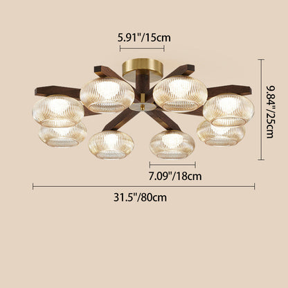 Traditional Vintage Bowl Walnut Wood Copper Glass LED Semi-Flush Mount Light For Living Room