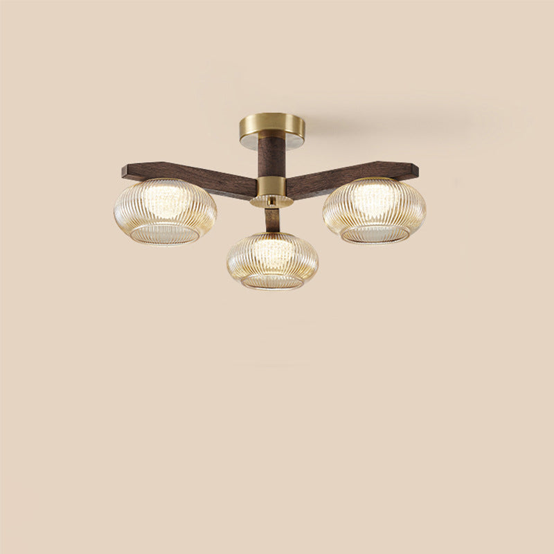 Traditional Vintage Bowl Walnut Wood Copper Glass LED Semi-Flush Mount Light For Living Room