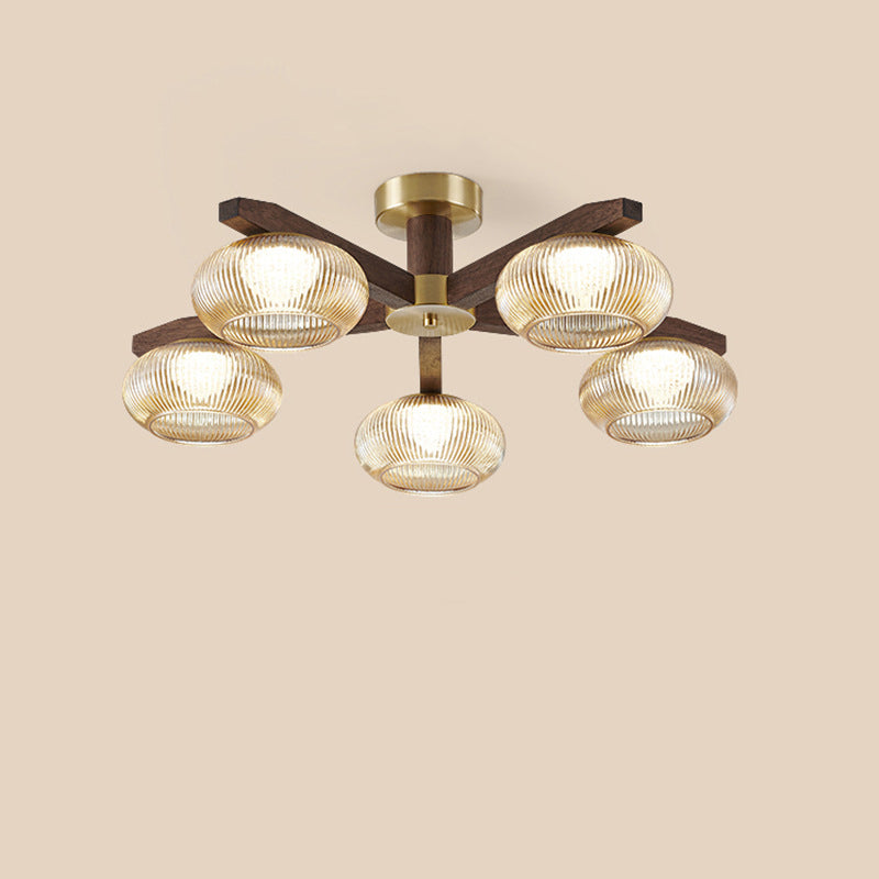 Traditional Vintage Bowl Walnut Wood Copper Glass LED Semi-Flush Mount Light For Living Room