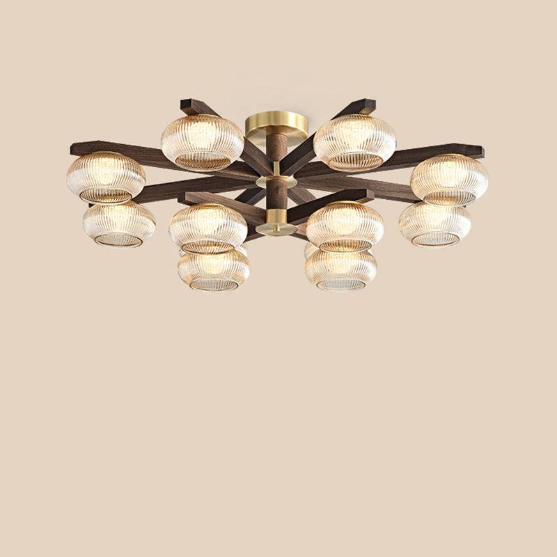 Traditional Vintage Bowl Walnut Wood Copper Glass LED Semi-Flush Mount Light For Living Room