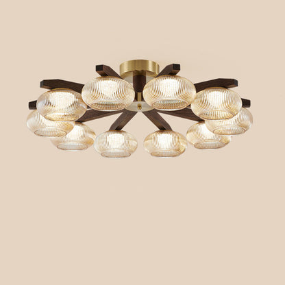 Traditional Vintage Bowl Walnut Wood Copper Glass LED Semi-Flush Mount Light For Living Room