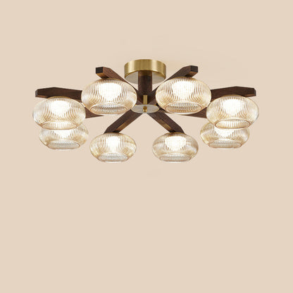 Traditional Vintage Bowl Walnut Wood Copper Glass LED Semi-Flush Mount Light For Living Room