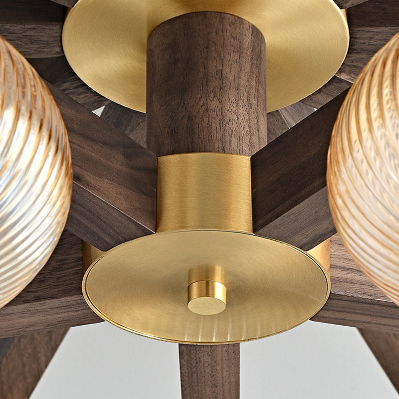 Traditional Vintage Bowl Walnut Wood Copper Glass LED Semi-Flush Mount Light For Living Room