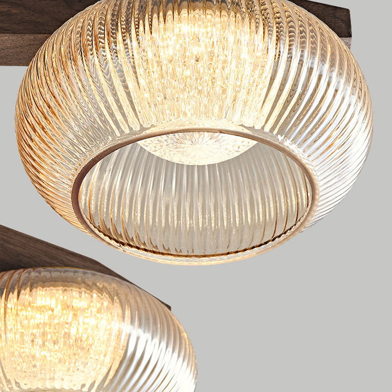 Traditional Vintage Bowl Walnut Wood Copper Glass LED Semi-Flush Mount Light For Living Room