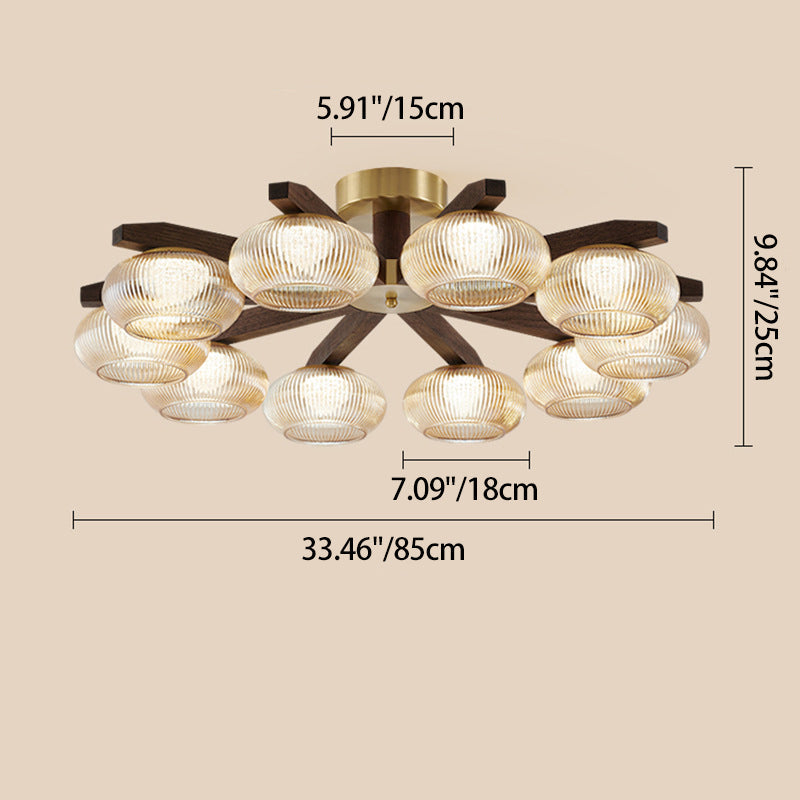Traditional Vintage Bowl Walnut Wood Copper Glass LED Semi-Flush Mount Light For Living Room